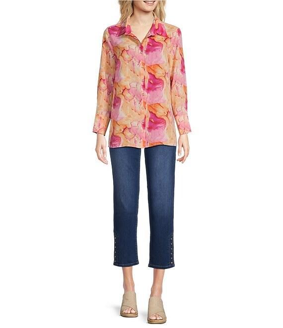 Calessa Desert Floral Print Point Collar Long Sleeve Button Front Shirt Product Image