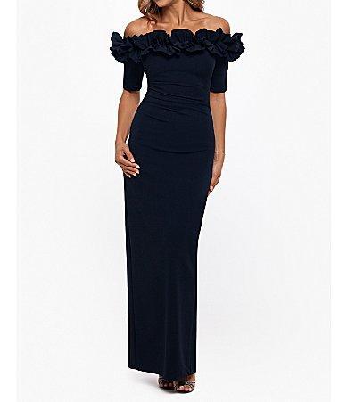 Xscape Petite Size Ruffled Off-the-Shoulder Short Sleeve Crepe Sheath Gown Product Image