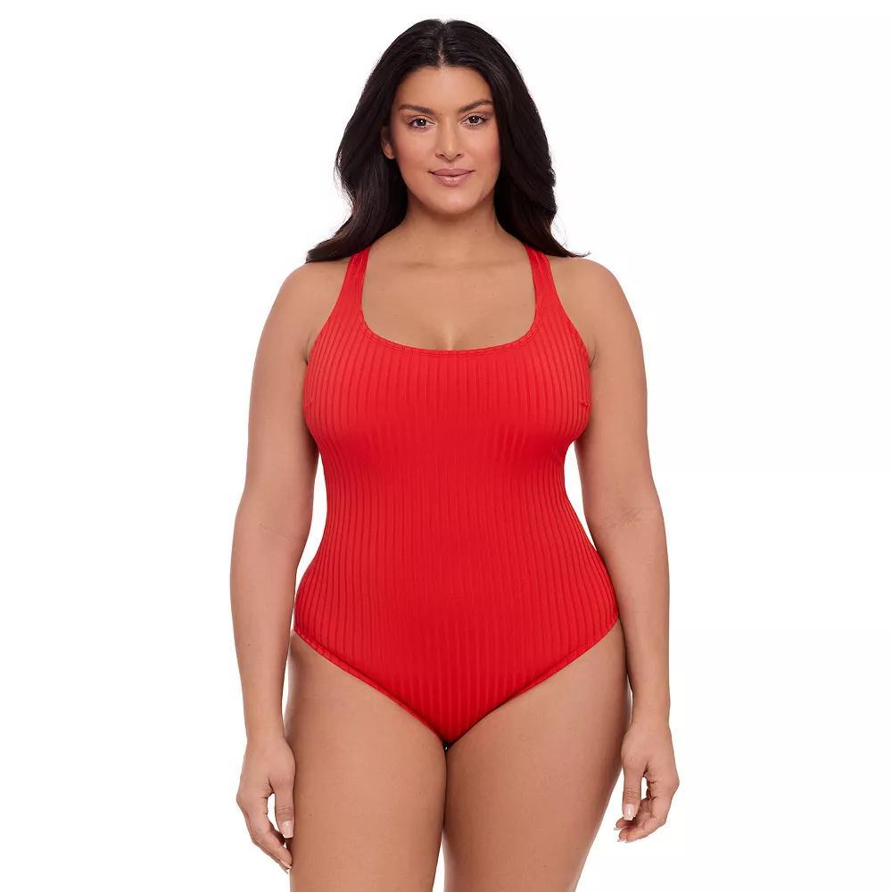 Womens S3 Swim Sculpting Ribbed Scoopneck Crossback One Piece Swimsuit, Womens Red Product Image