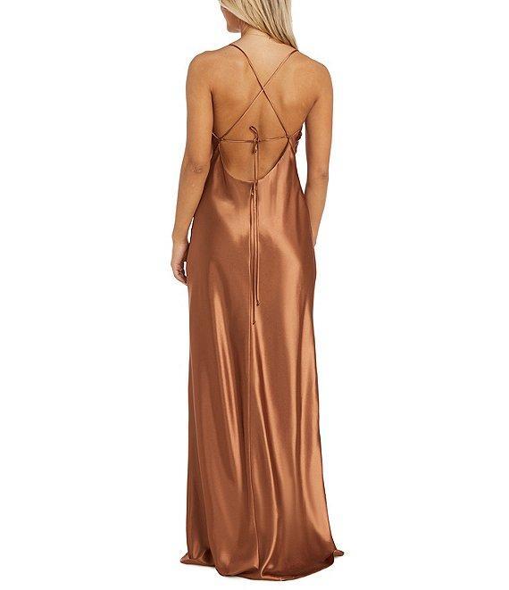 Morgan & Co. Sleeveless Long Spaghetti Strap Charmeuse Draped Front And X Back Long Dress Product Image