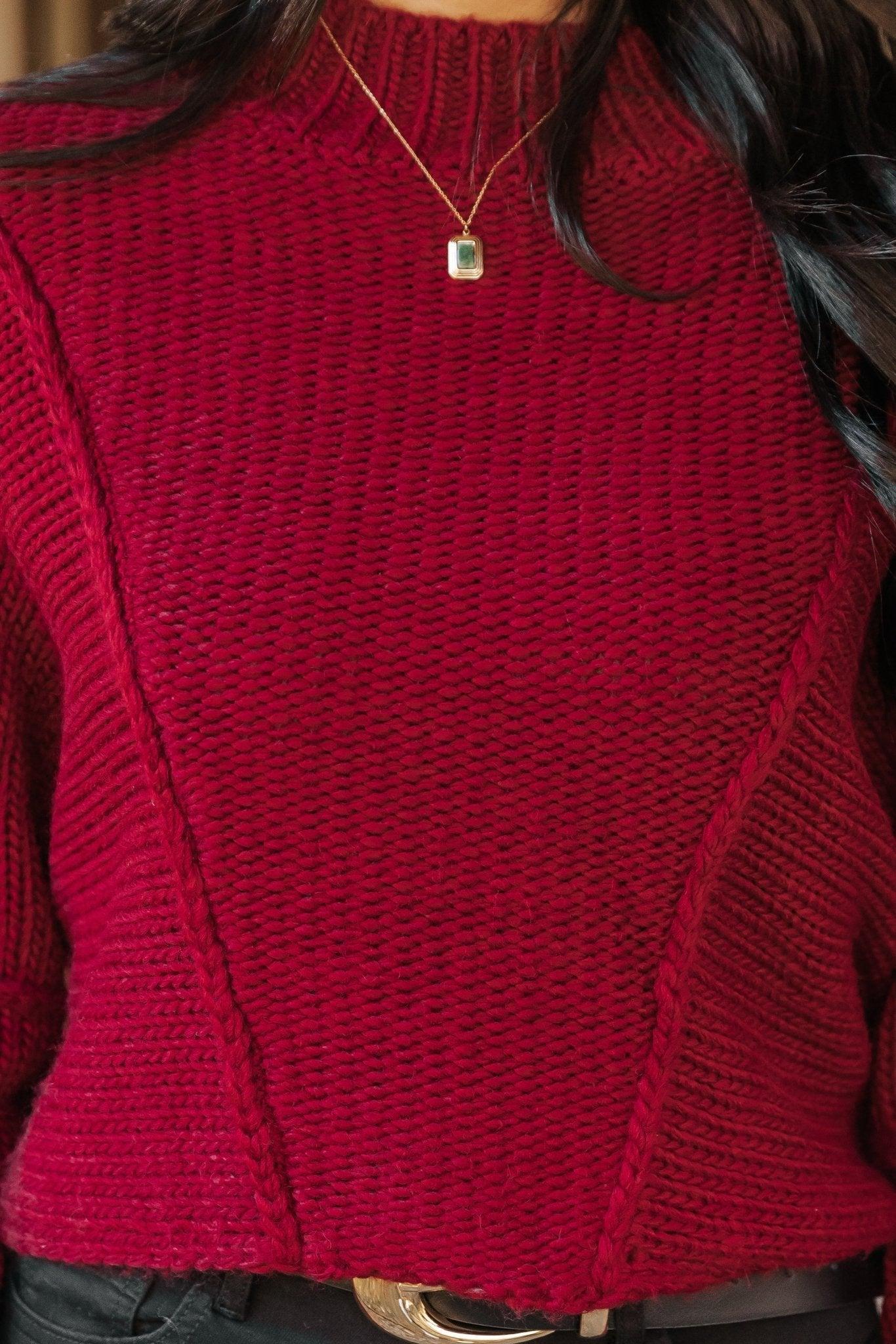 Seam Detail Mock Neck Sweater - Wine - FINAL SALE Product Image