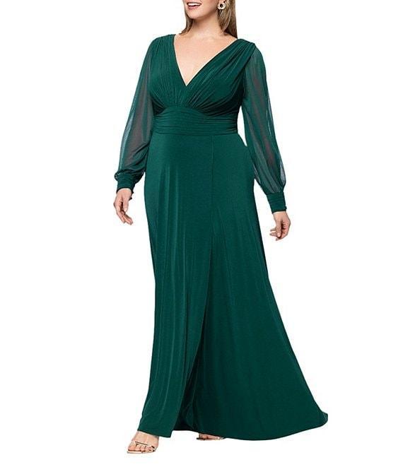 Betsy & Adam Plus Size Chiffon Mesh V-Neck Long Sleeve Gown Product Image