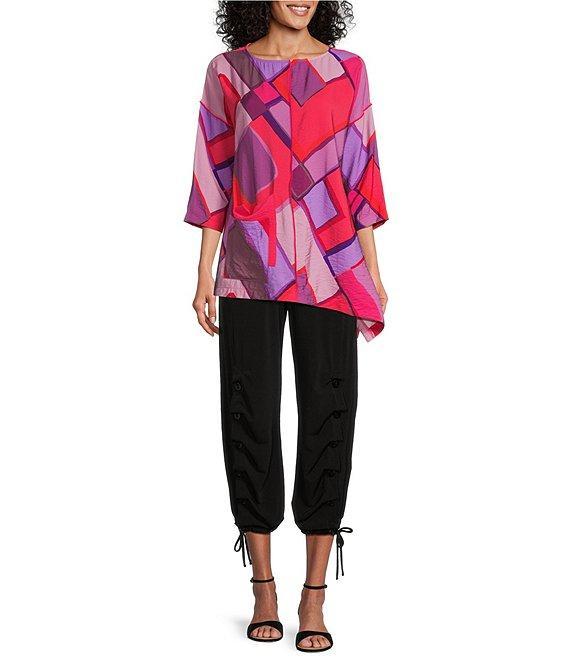 IC Collection Woven Abstract Print Boat Neck 3/4 Sleeve Asymmetrical Hem Tunic Product Image