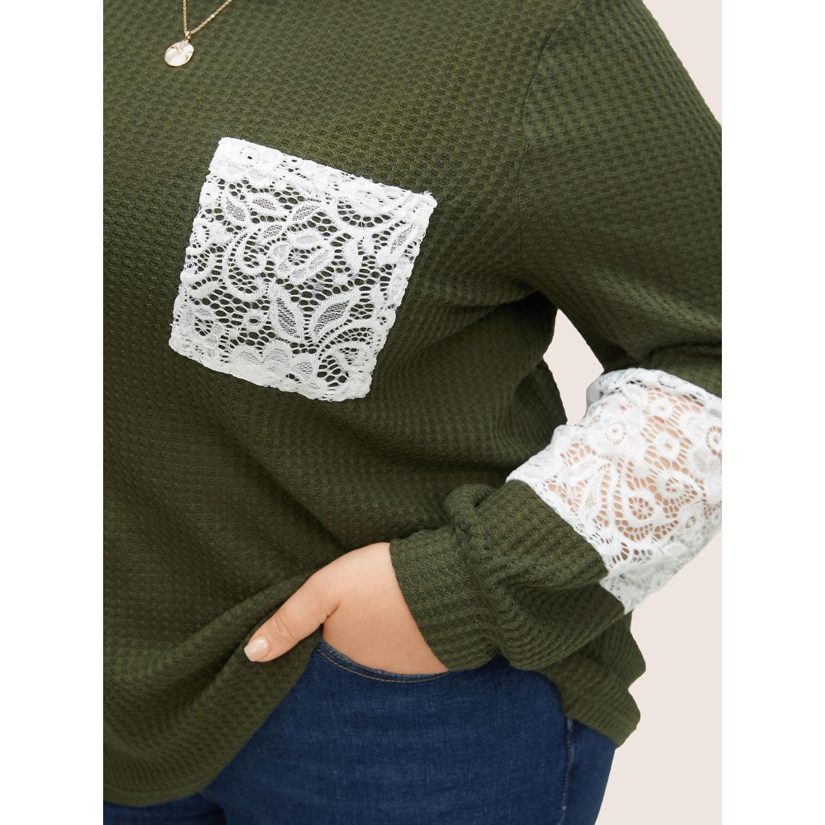 Plus Size Waffle Knit Contrast Lace Patchwork T-shirt ArmyGreen Women Elegant Contrast Plain Round Neck Everyday T-shirts BloomChic 12/L Product Image