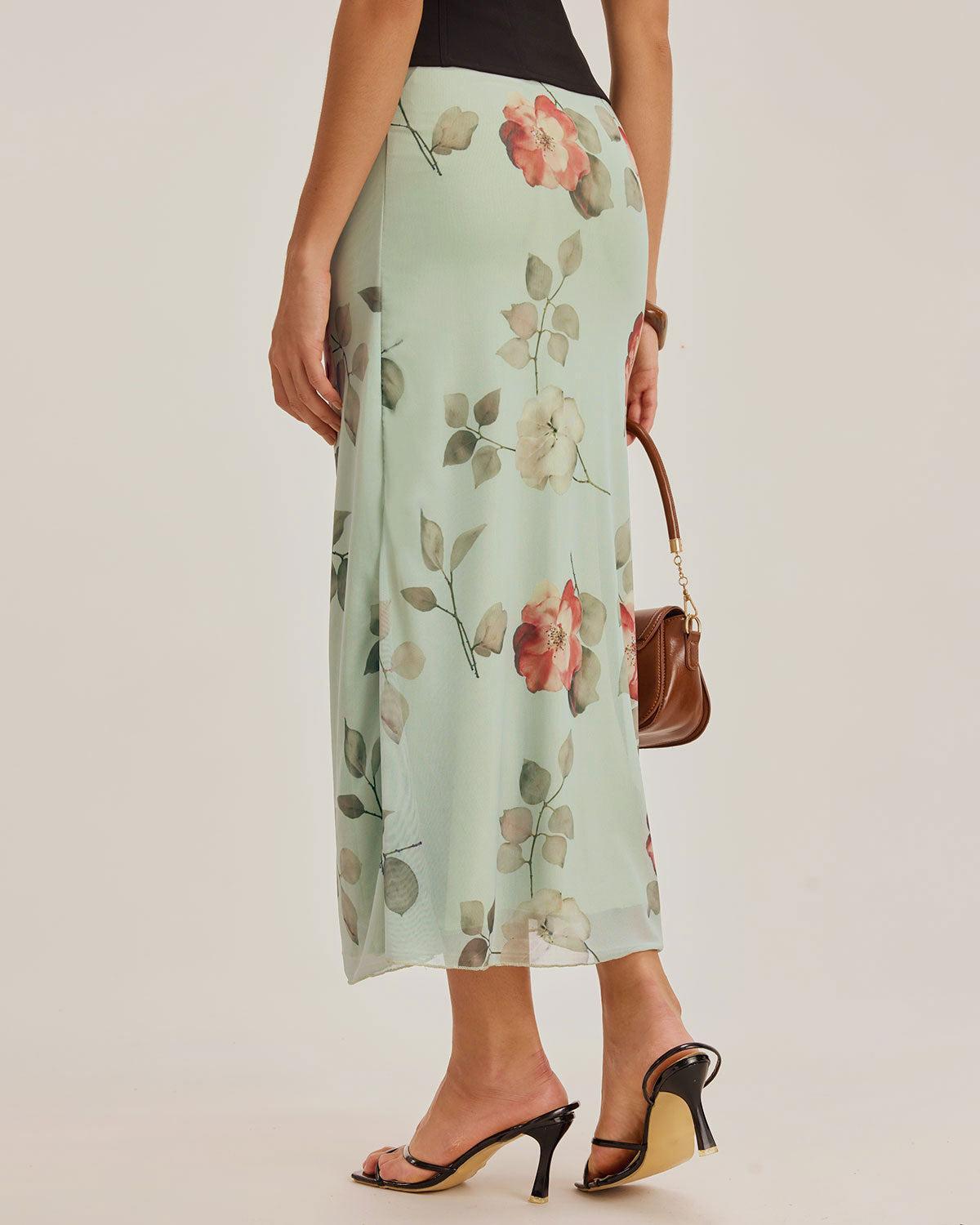 Green Floral Elastic Waist Straight Midi Skirt Product Image