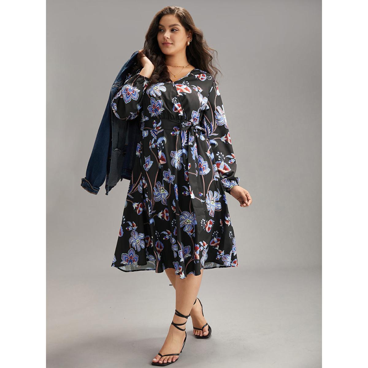 Plus Size Floral Print Elastic Cuffs Belted Dress Black Women Elegant Elastic cuffs V-neck Long Sleeve Curvy Midi Dress BloomChic 18-20/2X Product Image