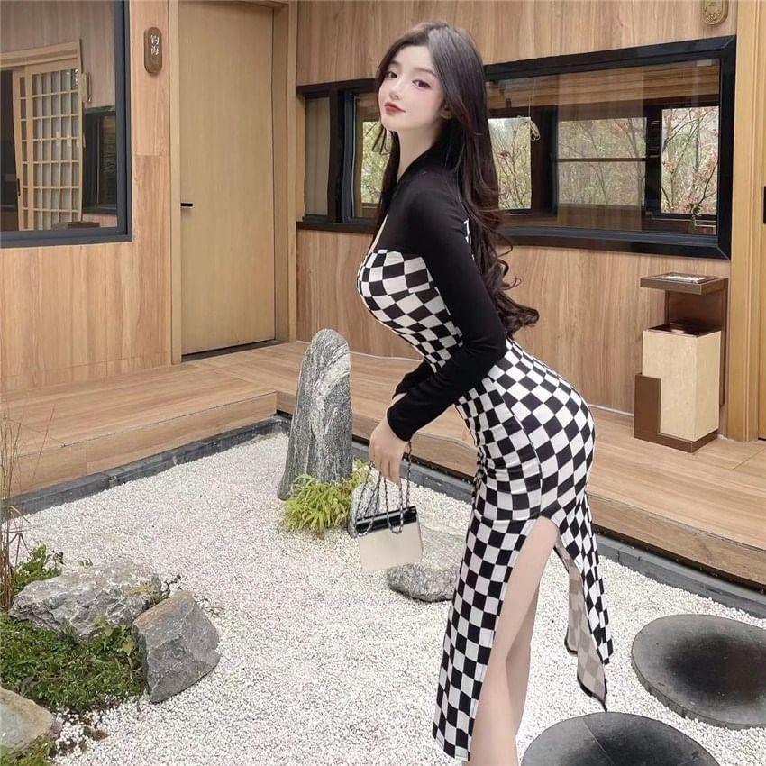 Long-Sleeve Stand Collar Checkerboard Cutout Slit Midi Bodycon Dress Product Image