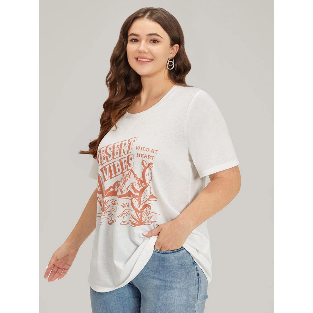 Plus Size Cactus & Letter Print Crew Neck T-shirt White Women Casual Printed Landscape Dailywear T-shirts BloomChic 28/5X Product Image