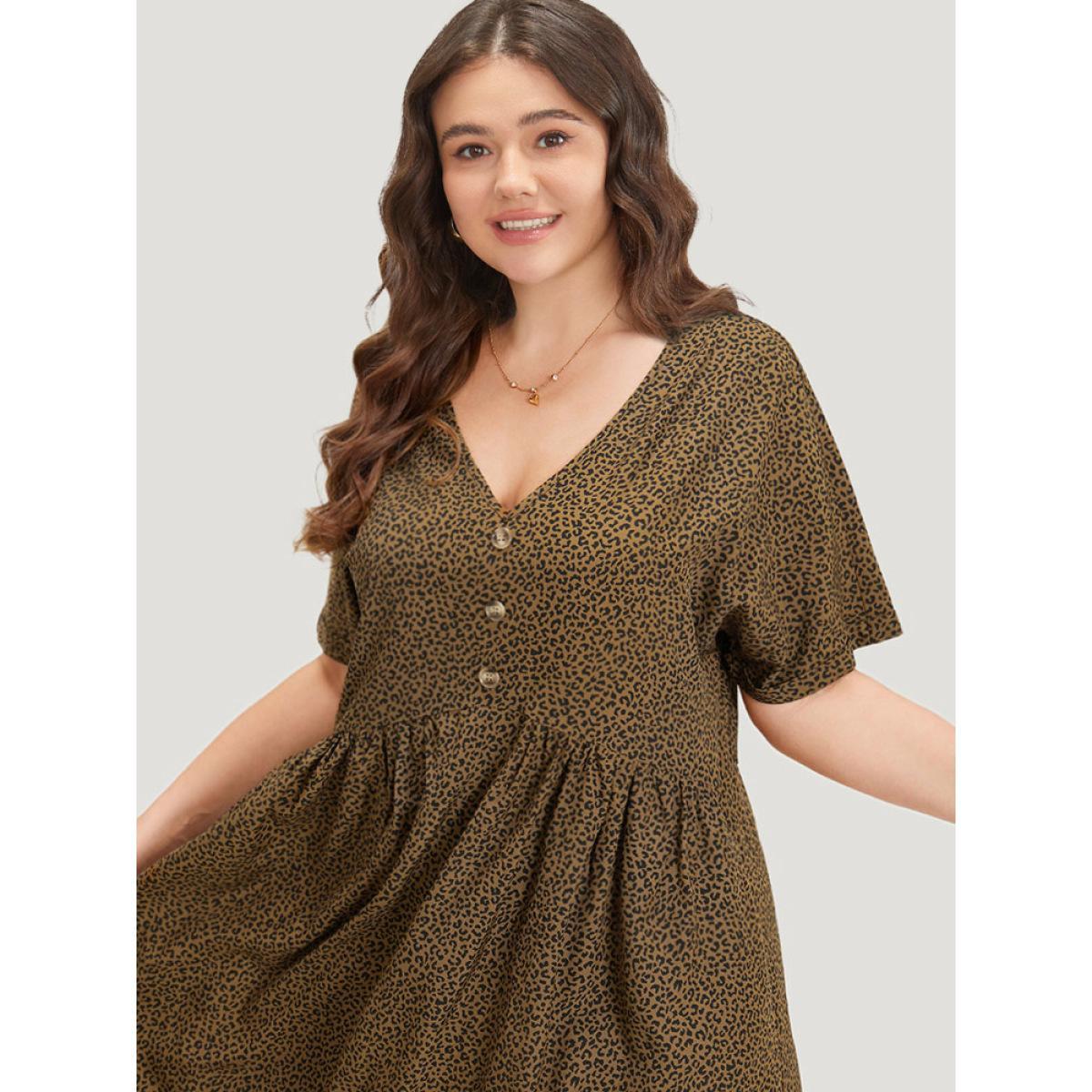Plus Size Leopard Print V Neck Button Detail Dolman Sleeve Dress Bronze Women Elegant Button V-neck Short sleeve Curvy Knee Dress BloomChic 14-16/1X Product Image