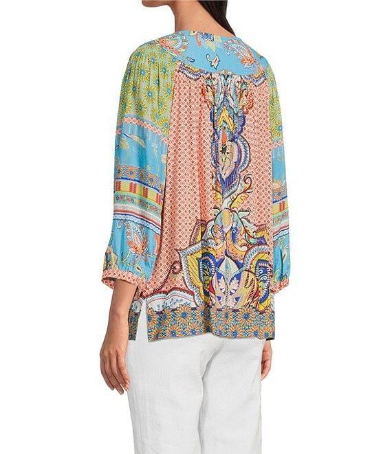 John Mark Petite Size Shirring Woven Printed Scoop Neck 3/4 Sleeve Top Product Image