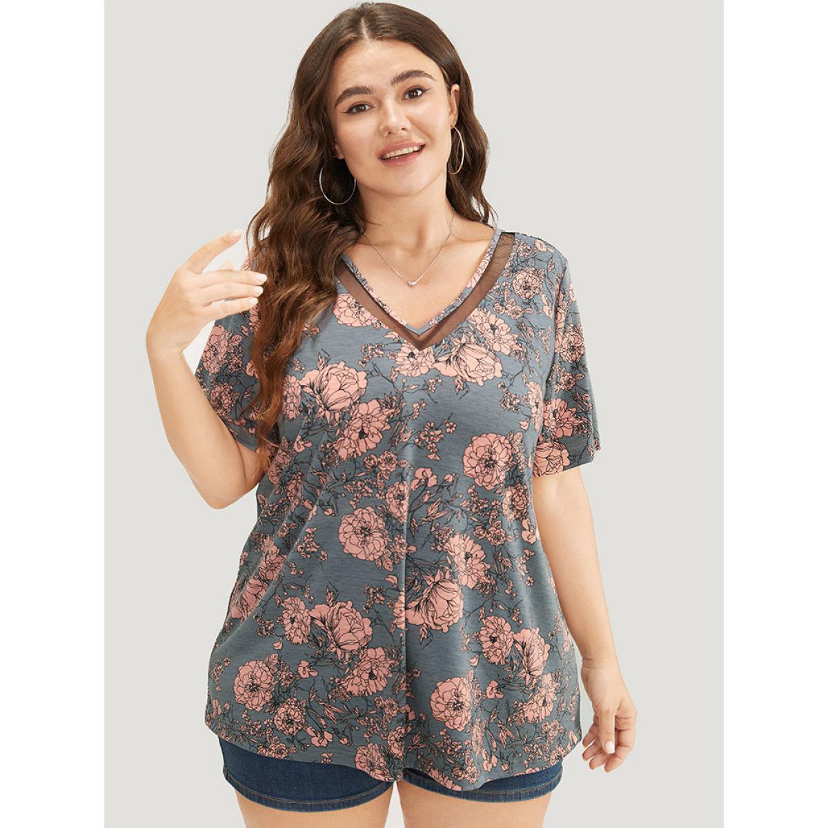 Plus Size Floral Print Mesh Insert Flutter Sleeve T-shirt Gray Women Elegant See through Floral V-neck Dailywear T-shirts BloomChic 22-24/3X Product Image