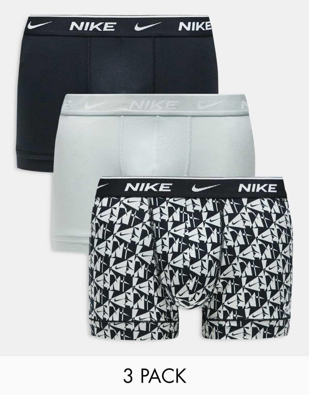 Nike Everyday Cotton Stretch 3 pack trunk in gray/black/monochrome print Product Image