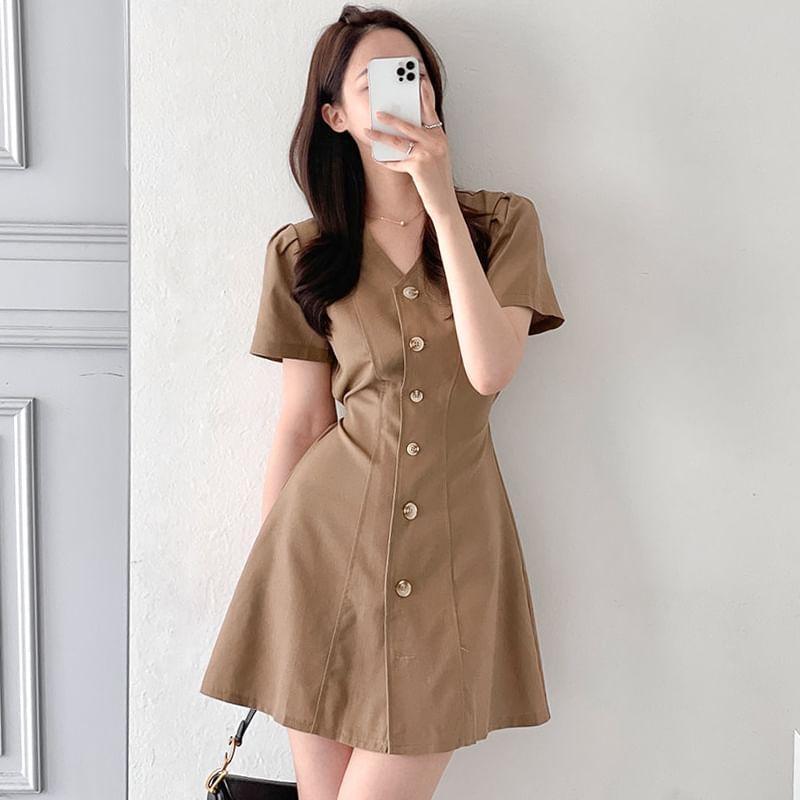 Short-Sleeve V-Neck Plain Button Mini A-Line Dress Product Image