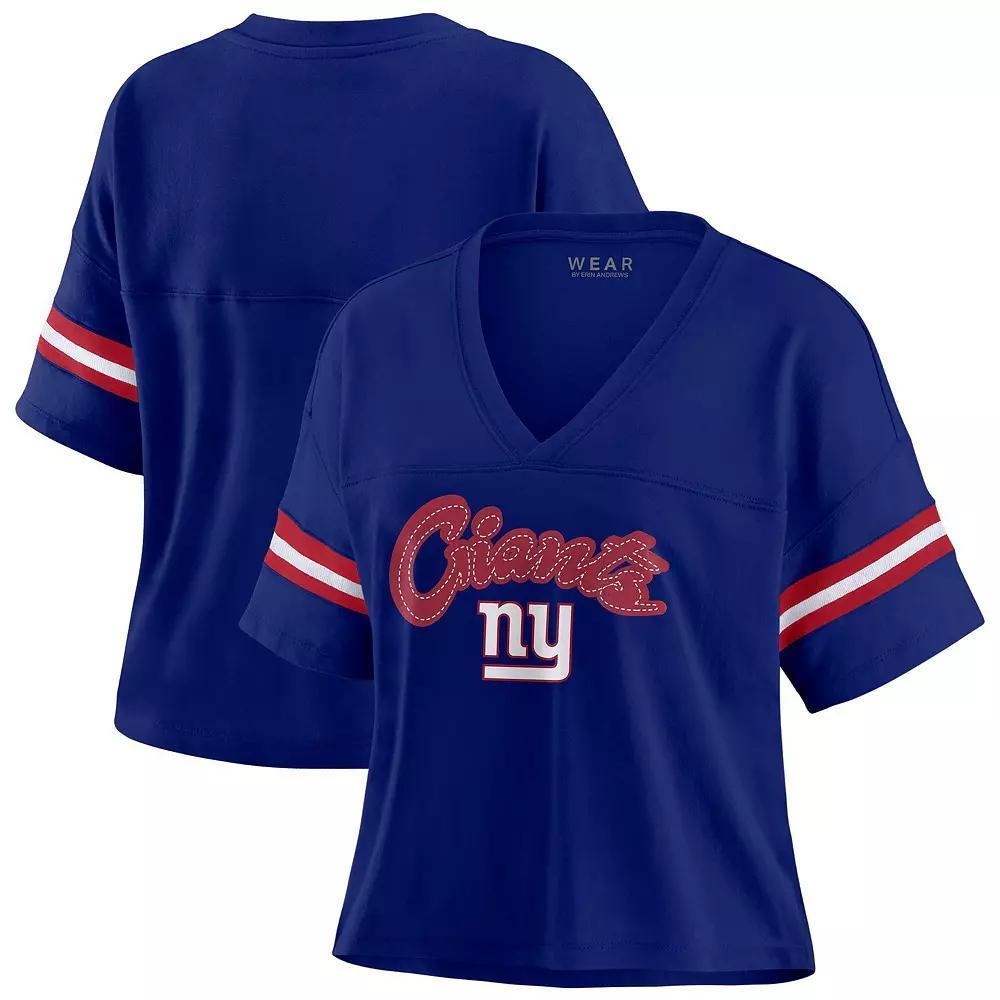 Women's WEAR by Erin Andrews Navy New York Giants Color Block Boxy V-Neck T-Shirt, Size: Small, Blue Product Image