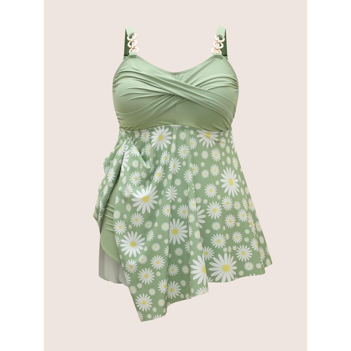Plus Size Floral Patchwork Twist Front Buckle Detail Swim Dress Women's Swimwear LightGreen Beach Bodycon Heart neckline High stretch Curve Swim Dresses BloomChic 12/L Product Image
