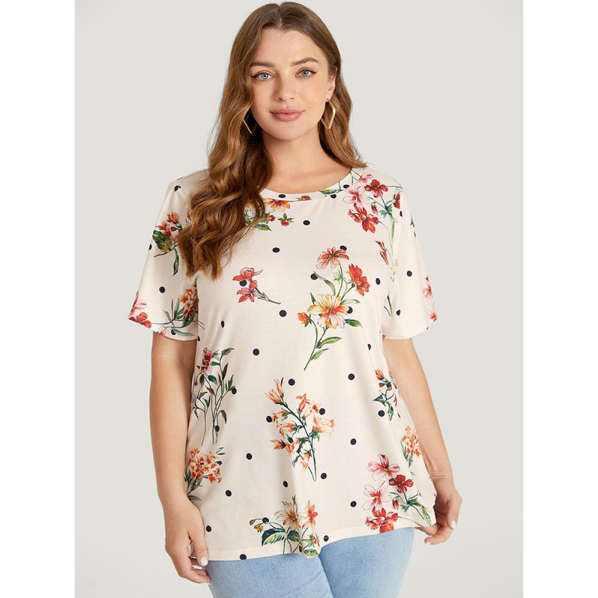 Plus Size Floral & Polka Dot Round Neck T-shirt Beige Women Elegant Floral Round Neck Dailywear T-shirts BloomChic 12/L Product Image