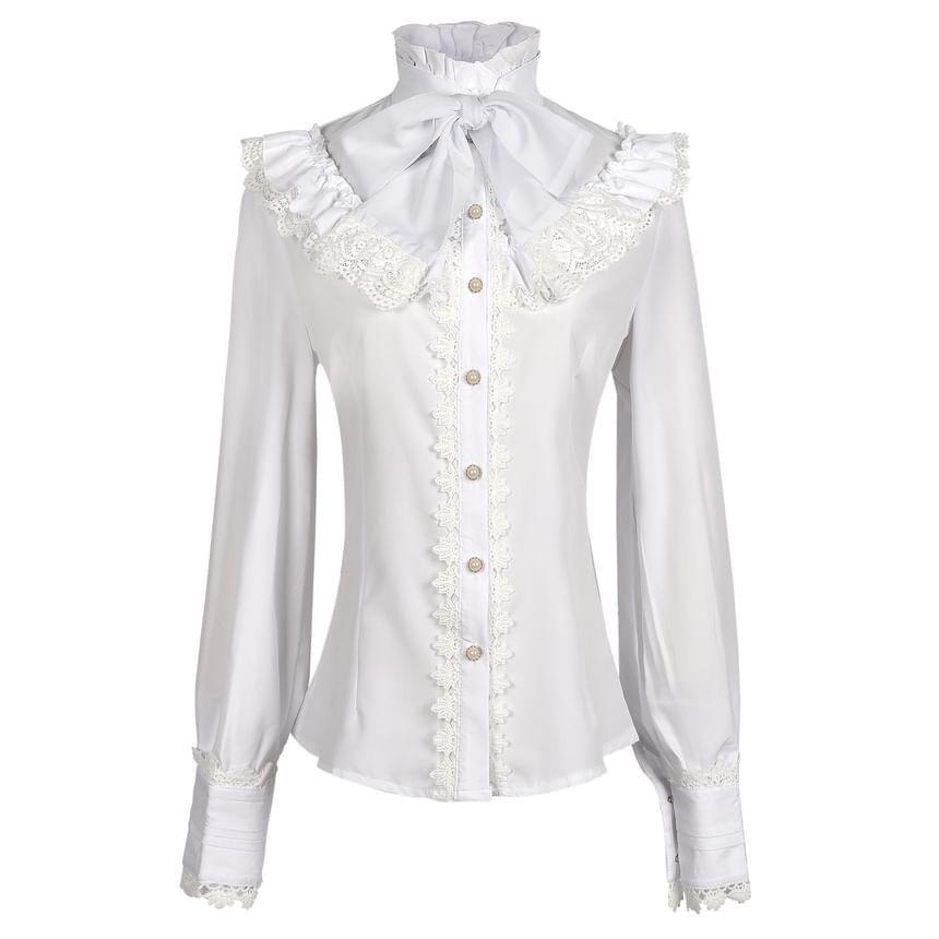 Long-Sleeve Plain Bow Lace Trim Blouse Product Image