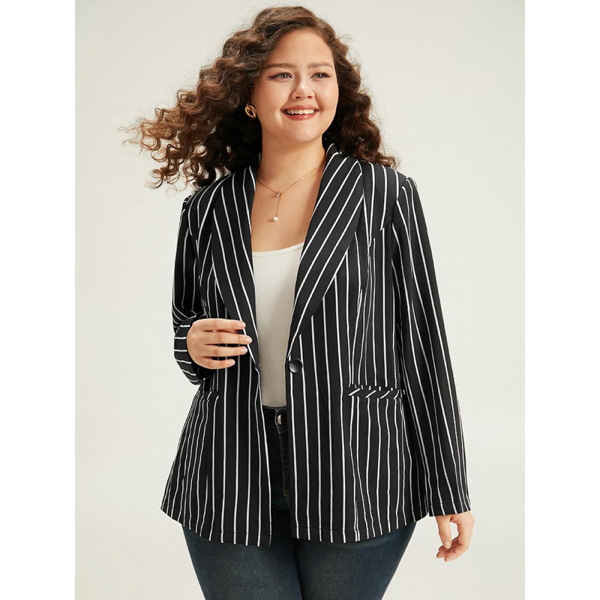 Plus Size Striped Suit Collar Button Up Blazer Black Women Work Striped Contrast Sleeve Long Sleeve Suit Collar 12/L Pocket Casual Blazers BloomChic Product Image