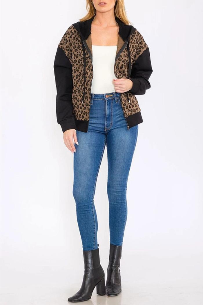 Zip Up Front Pockets Animal Print Hooded Jacket Product Image
