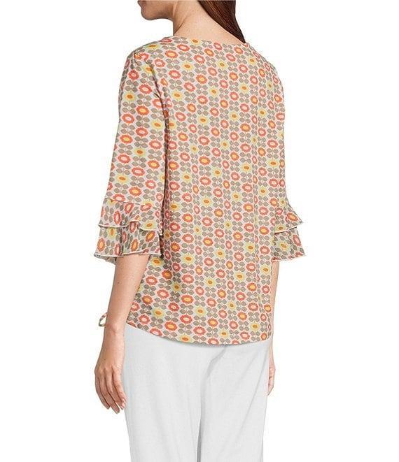 Multiples Slub Knit Georgette Floral Print Boat Neck 3/4 Sleeve Fitted Ruched Side Drawstring Top Product Image