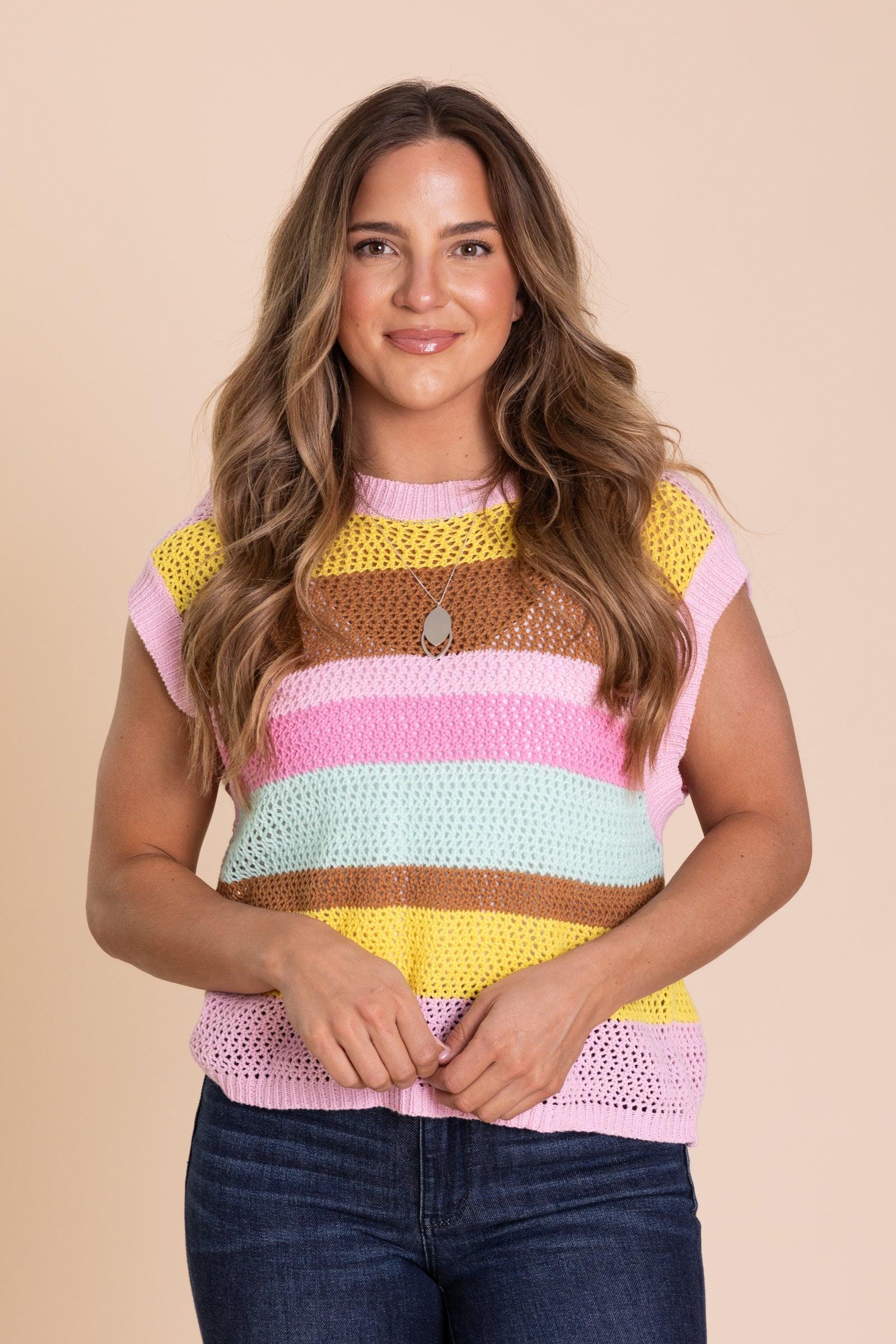 Pink Crochet Multi Stripe Knit Sweater Top Product Image