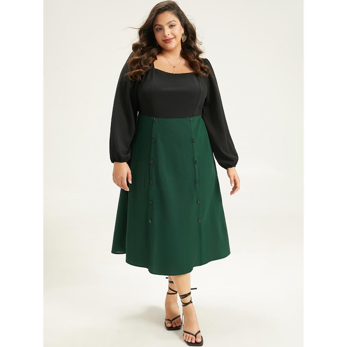 Plus Size Colorblock Patchwork Button Detail Dress DarkGreen Women Elegant Elastic cuffs Square Neck Long Sleeve Curvy Midi Dress BloomChic 22-24/3X Product Image