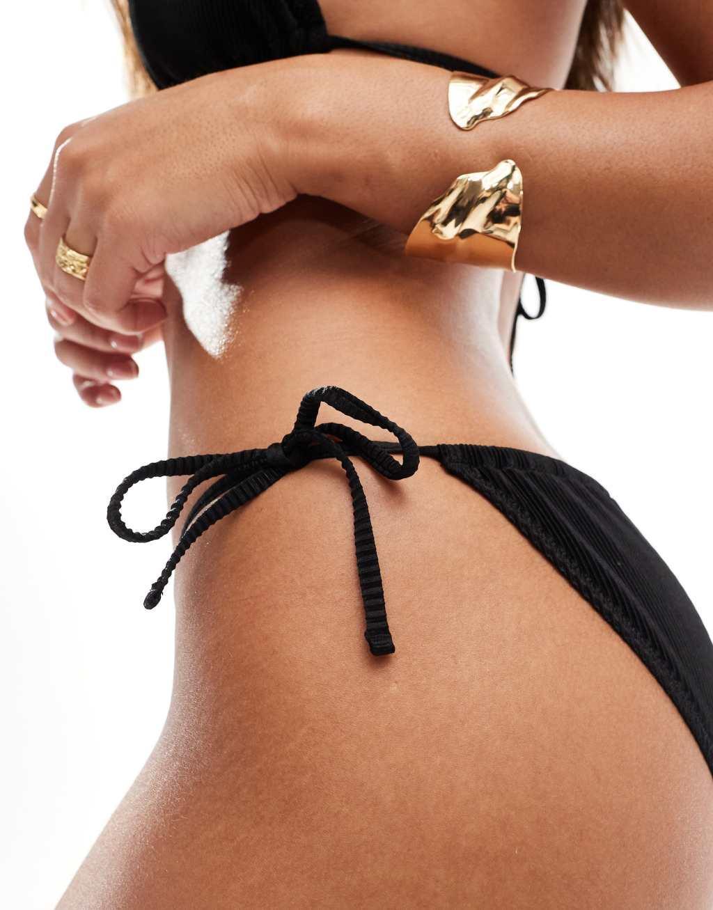 & Other Stories ribbed tie waist bikini bottoms in black Product Image