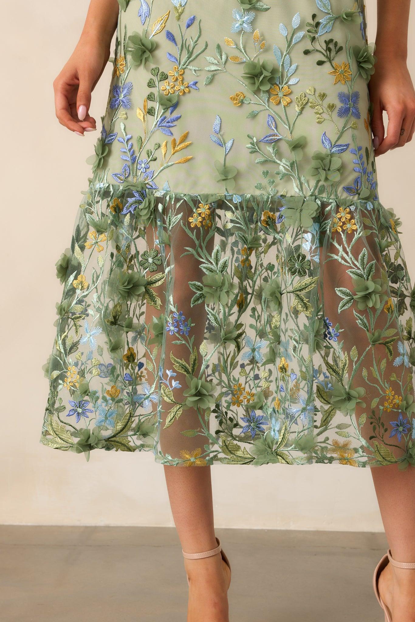 Back In Bloom Green Floral Embroidered Midi Dress Product Image