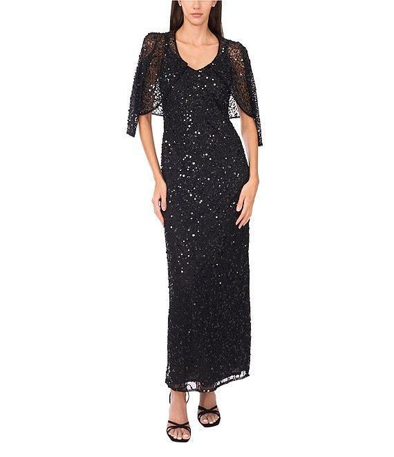 Pisarro Nights Beaded Mesh V-Neck 3/4 Sleeves A-Line 2-Piece Jacket Dress Product Image