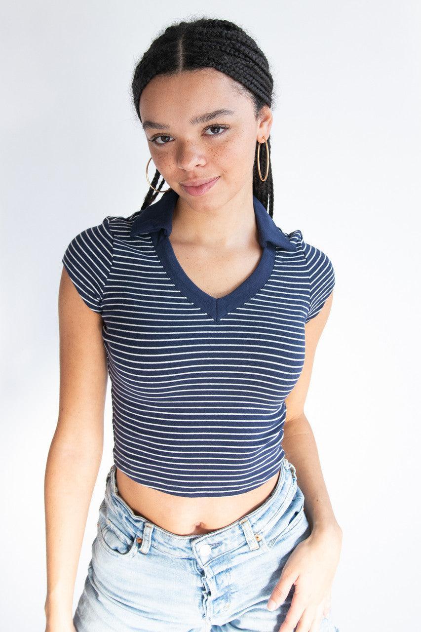 Striped Crop Polo Tee Product Image