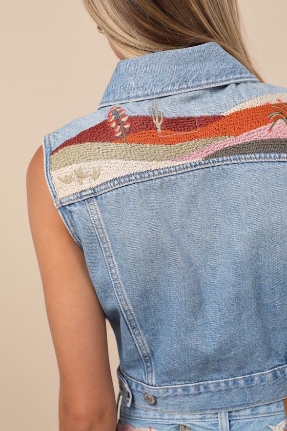 Embroidered Light Wash Denim XS Vest Product Image
