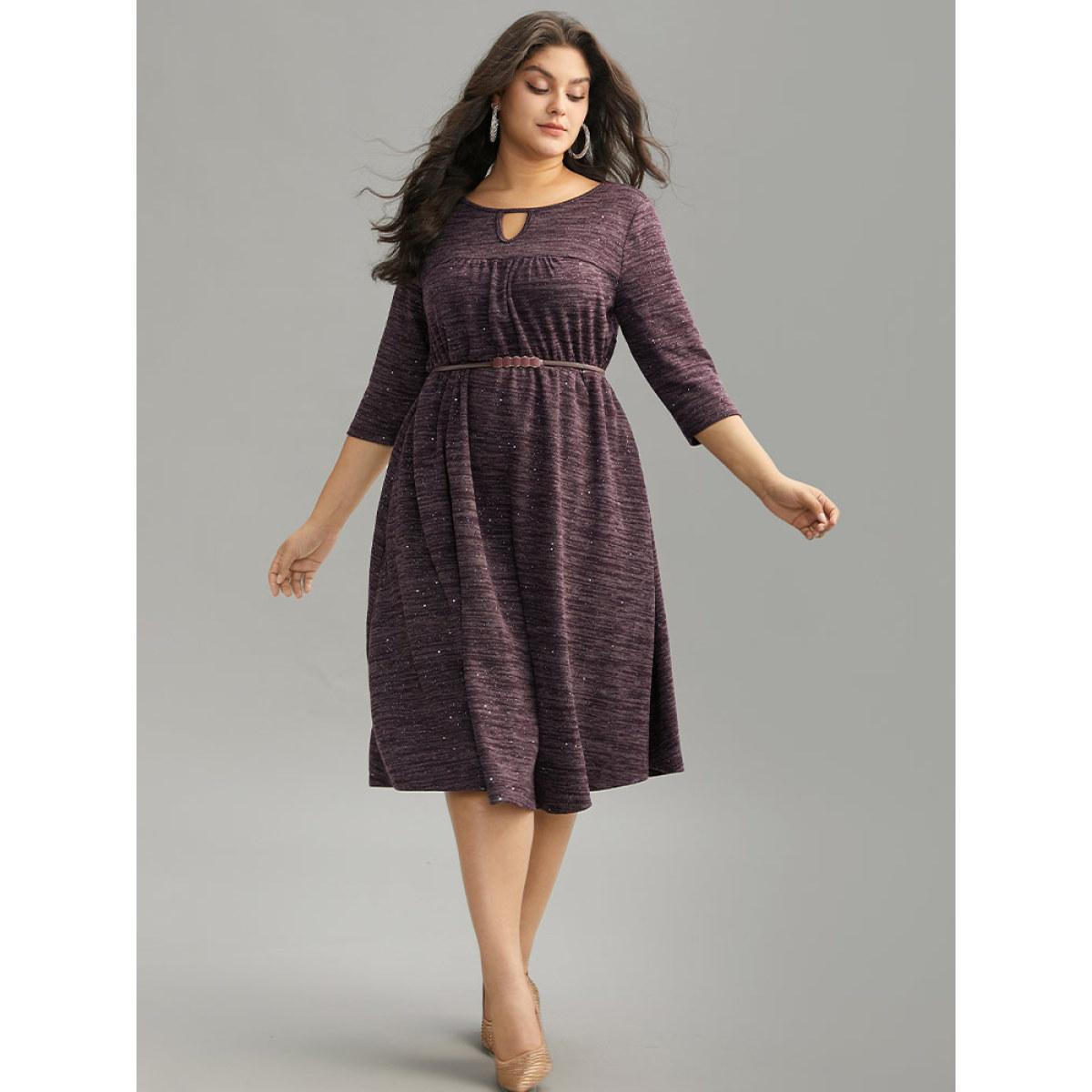 Plus Size Glitter Keyhole Gathered Elastic Waist Dress Purple Women Elegant Rib Knit Keyhole Cut-Out Elbow-length sleeve Curvy Midi Dress BloomChic 26/4X Product Image