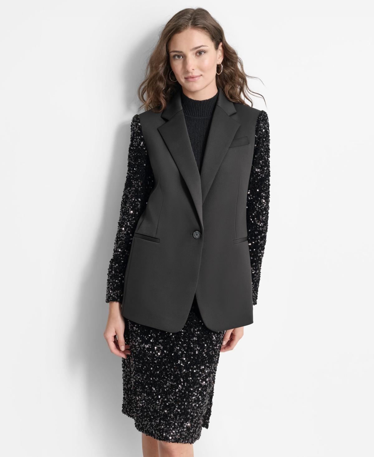 Dkny Womens Sequinned-Sleeve Single-Button Blazer - Blk Product Image