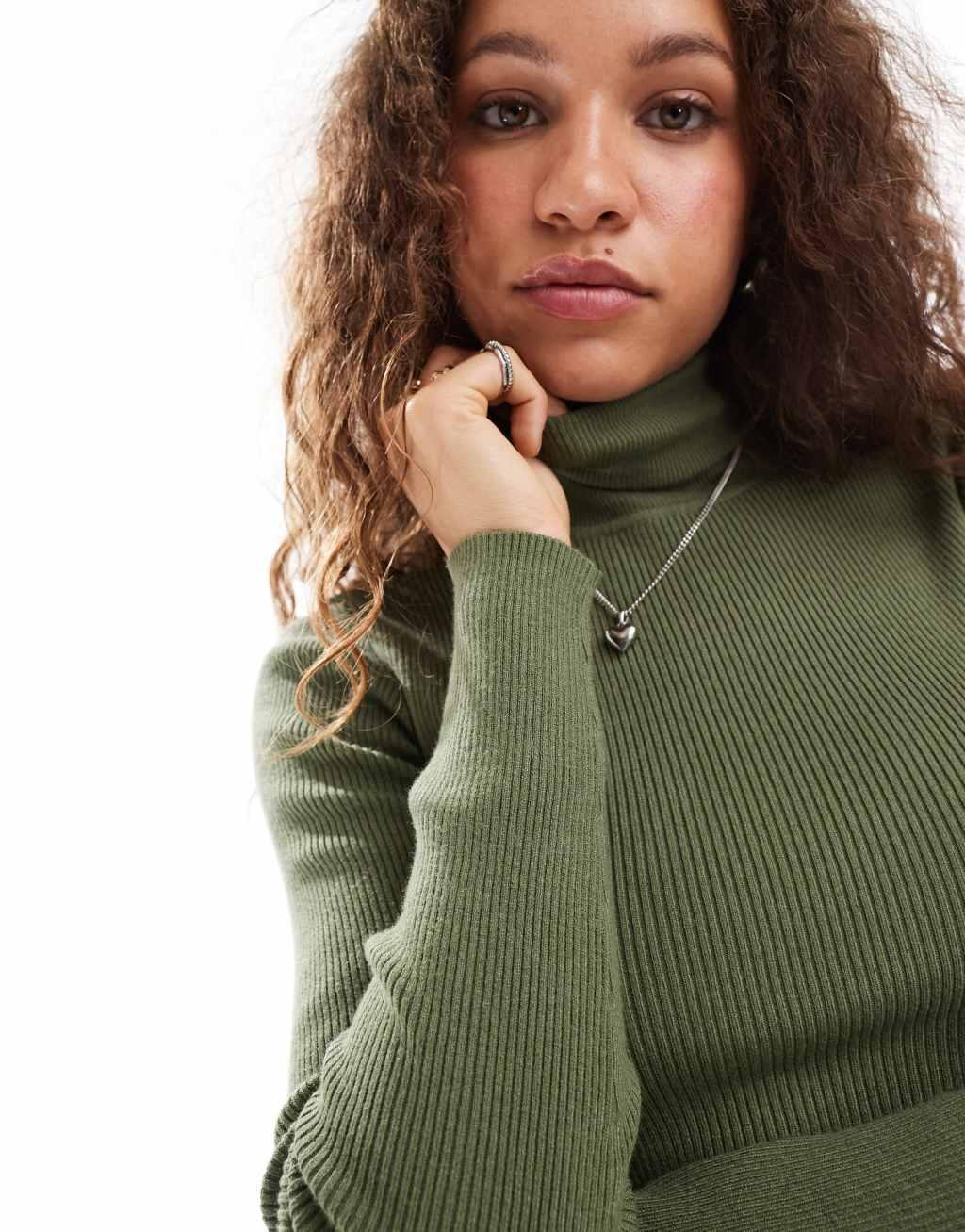 COLLUSION soft knit ribbed roll neck sweater in khaki Product Image