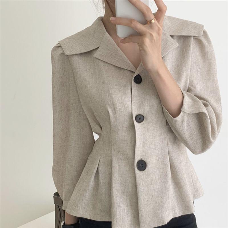 Long-Sleeve Lapel Collar Plain Button-Up Peplum Blouse Product Image