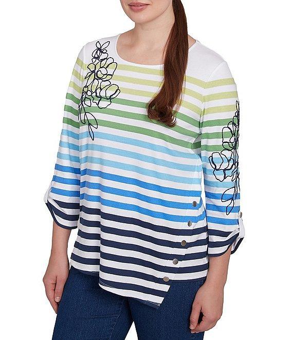 Ruby Rd. Petite Size Mixed Color Stripe Soft Knit Floral Embroidered Detail Scoop Neck 3/4 Sleeve Top Product Image