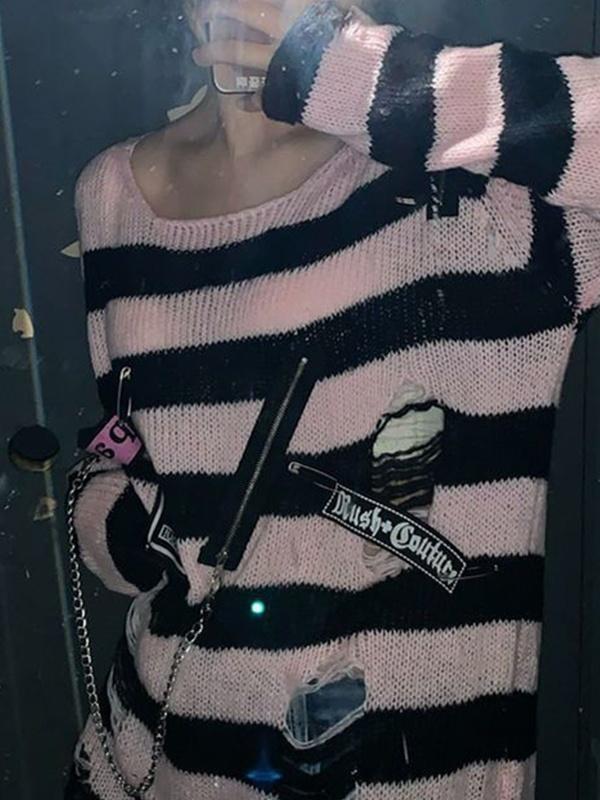 Hole Striped Pullover Sweater Product Image