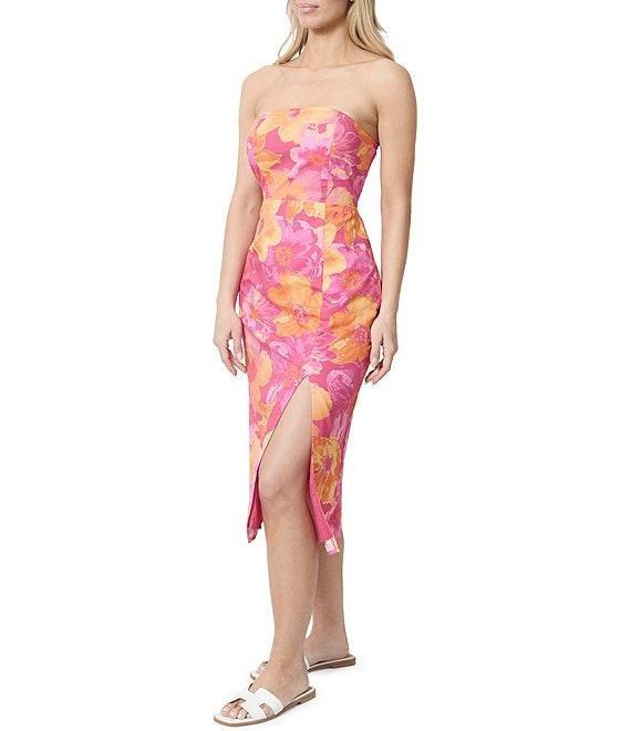 Stevie by Steve Madden Floral Print Strapless Cutout Smocked Back Side Slit Midi Dress Product Image
