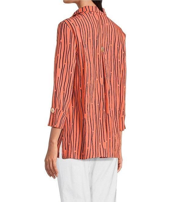 Ali Miles Crinkle Woven Abstract Stripe Wire Collar 3/4 Sleeve Button Front Tunic Product Image