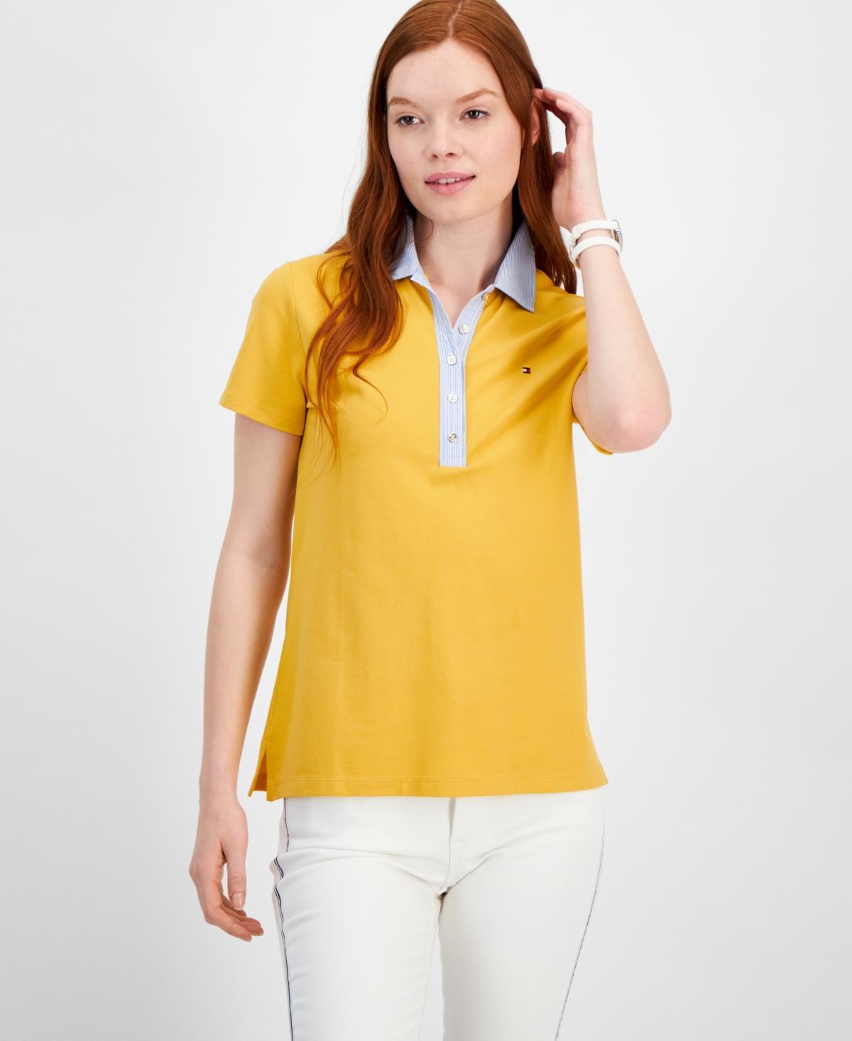 Tommy Hilfiger Mixed Media Short Sleeve Polo (Mineral ) Women's Clothing Product Image