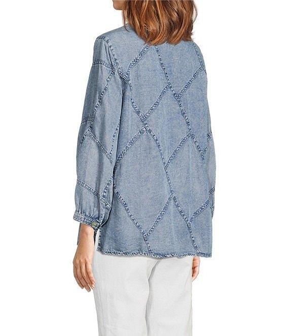 John Mark Floral Butterfly Embroidered Patch Print Y-Neck 3/4 Sleeves High-Low Hem Button Front Tunic Product Image