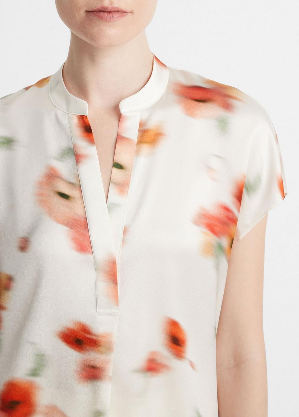 Poppy Blur Silk Band-Collar Blouse Product Image