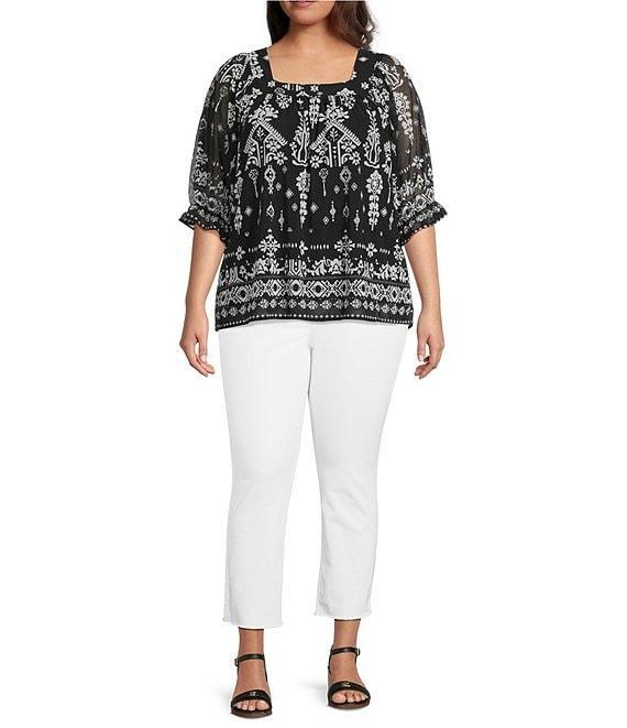 Calessa Plus Size Mesh Knit Abstract Mosaic Square Neck Elbow Puff Sleeve Blouse Product Image