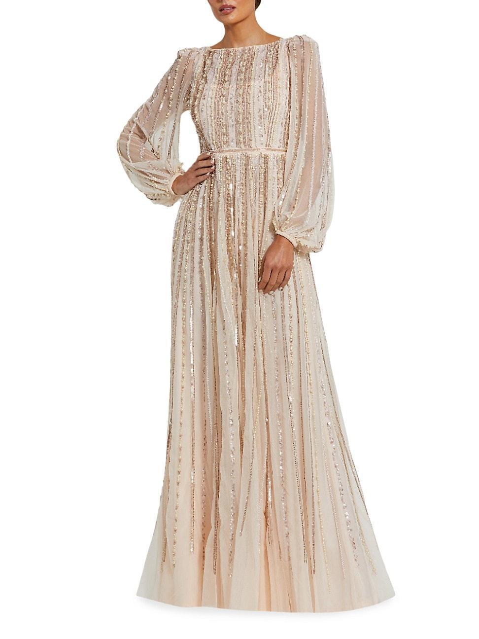 Womens Striped Beaded Chiffon Boatneck Gown Product Image