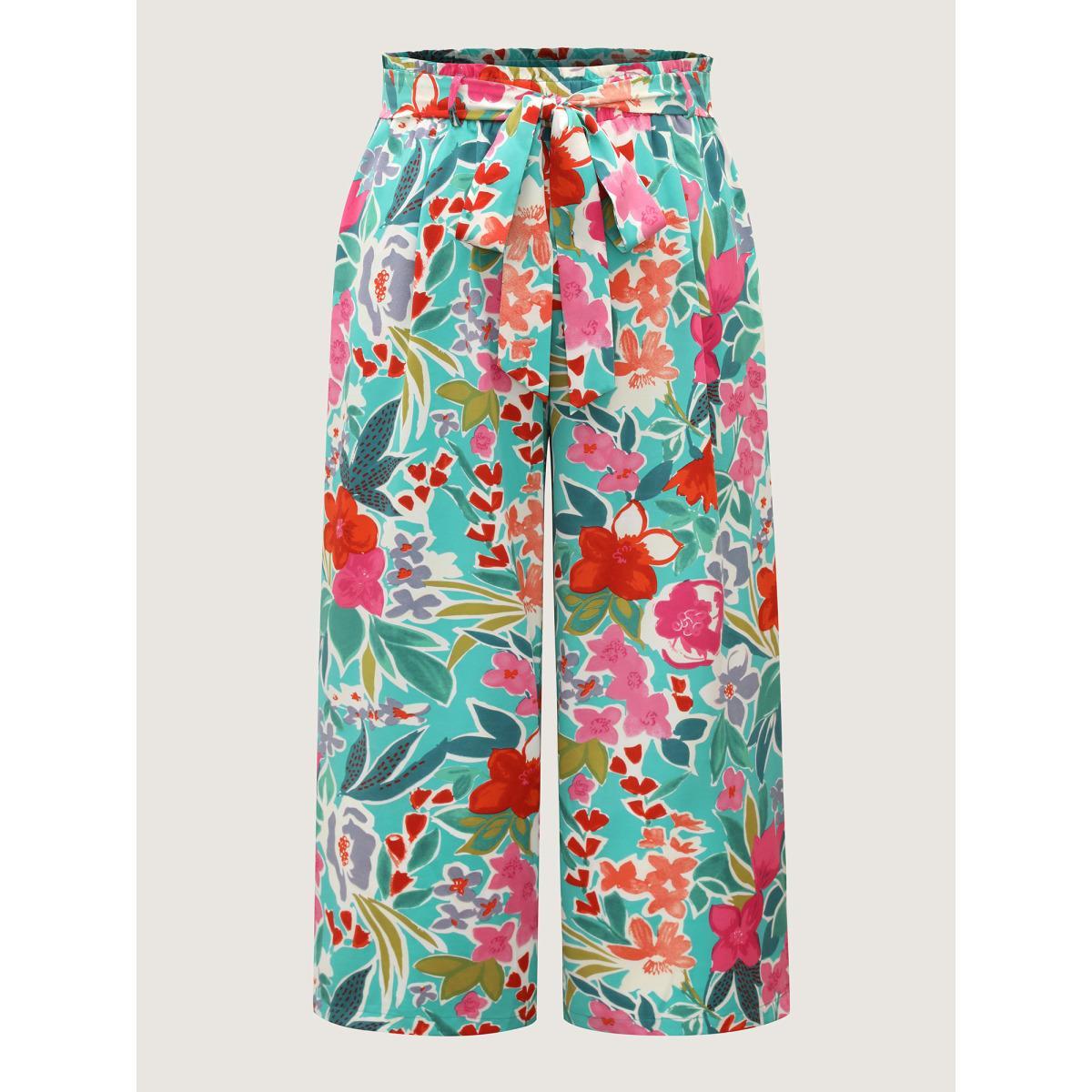 Plus Size Groovy Floral Print Wide-Leg Pants Women Multicolor Elegant Wide Leg Mid Rise Everyday-Elegant Pants BloomChic 22-24/3X Product Image