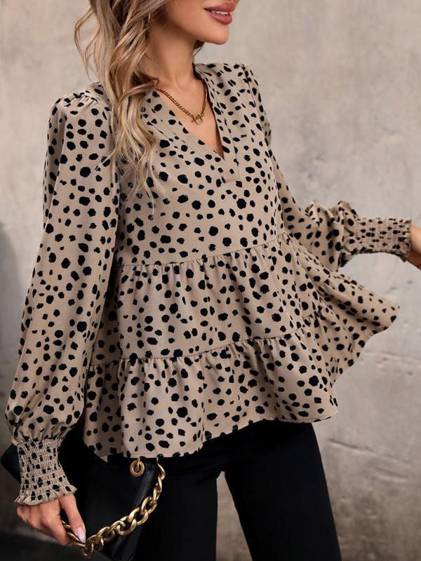 Long Sleeves Loose Elasticity Polka-Dot Split-Joint V-Neck Blouses&Shirts Tops Product Image