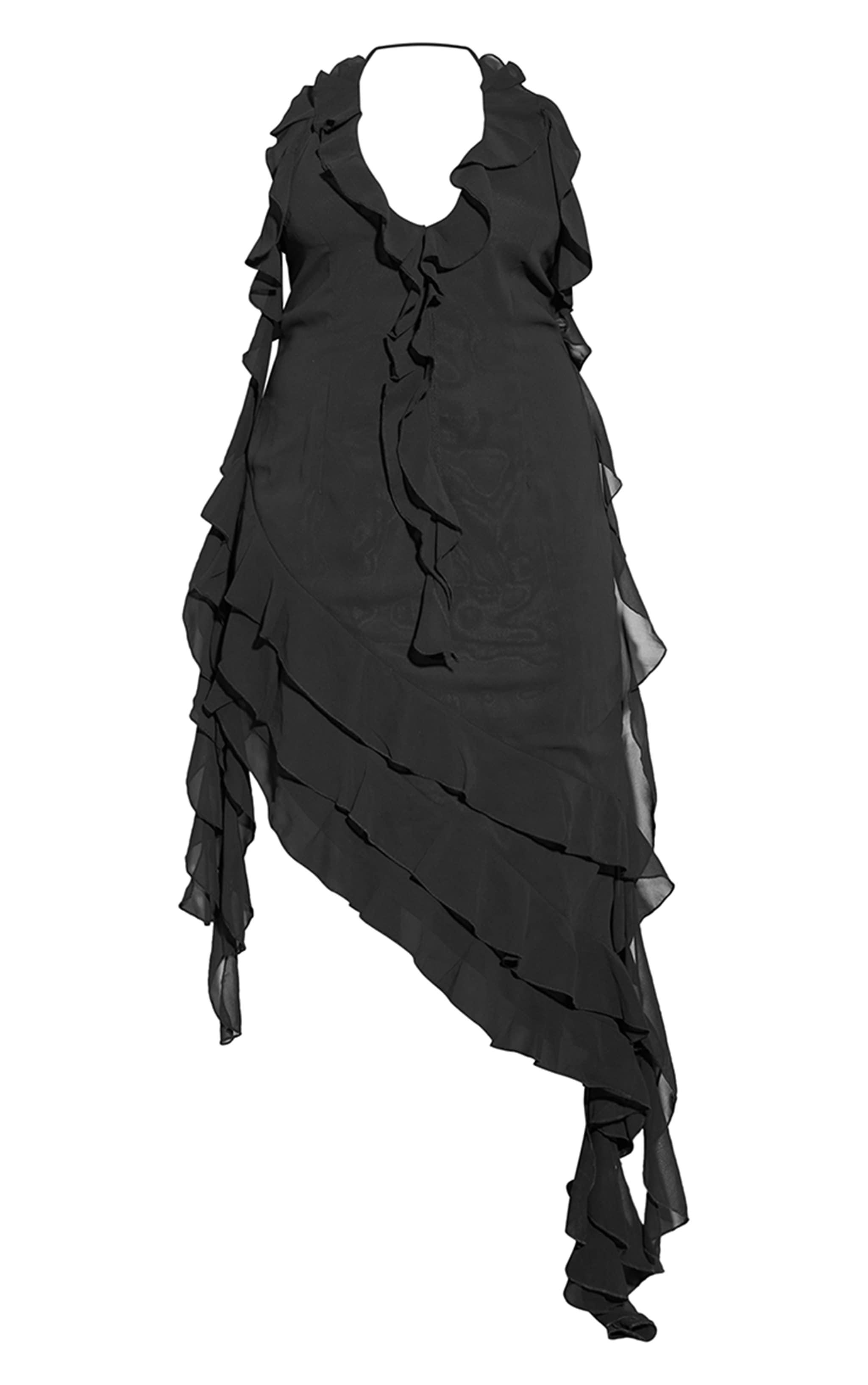 Plus Black Chiffon Frill Detail Plunge Midaxi Dress Product Image