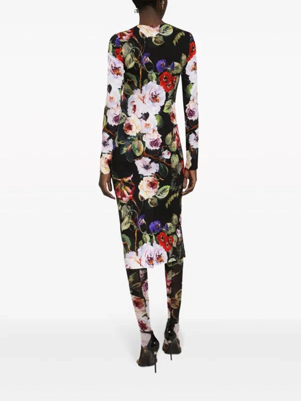 DOLCE & GABBANA Floral-print Long-sleeve Midi Dress In Multicolor Product Image