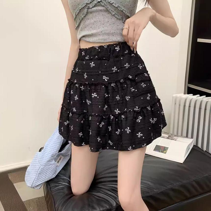 High Rise Bow Print Mini A-Line Skirt Product Image