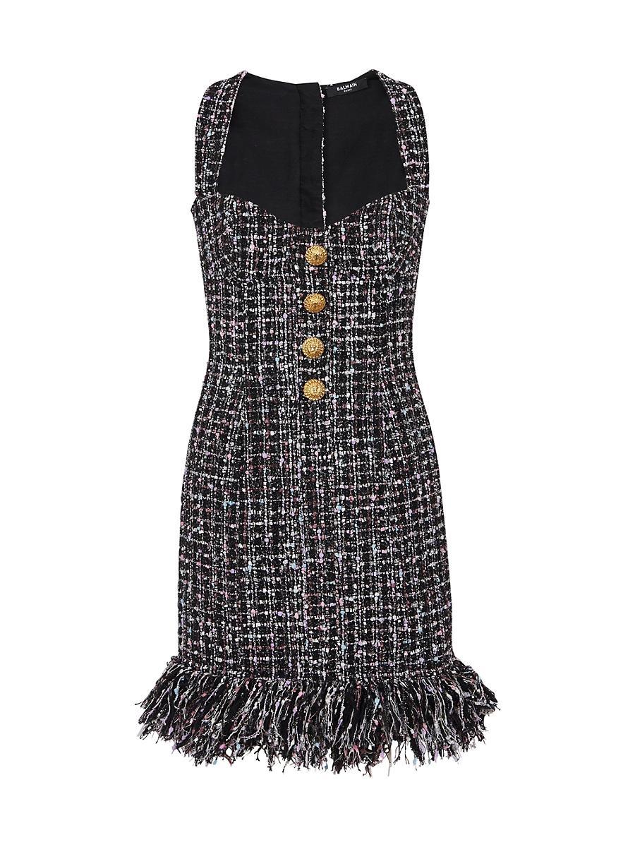 Womens Tweed Buttoned Fringe Minidress Product Image